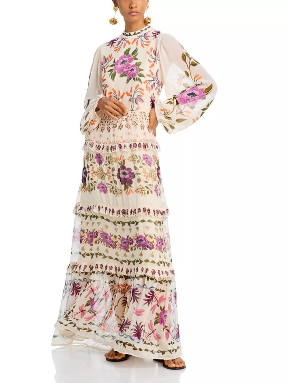 FARM Rio Winter Garden Ruffled Allover Floral Maxi Dress Size S Cream